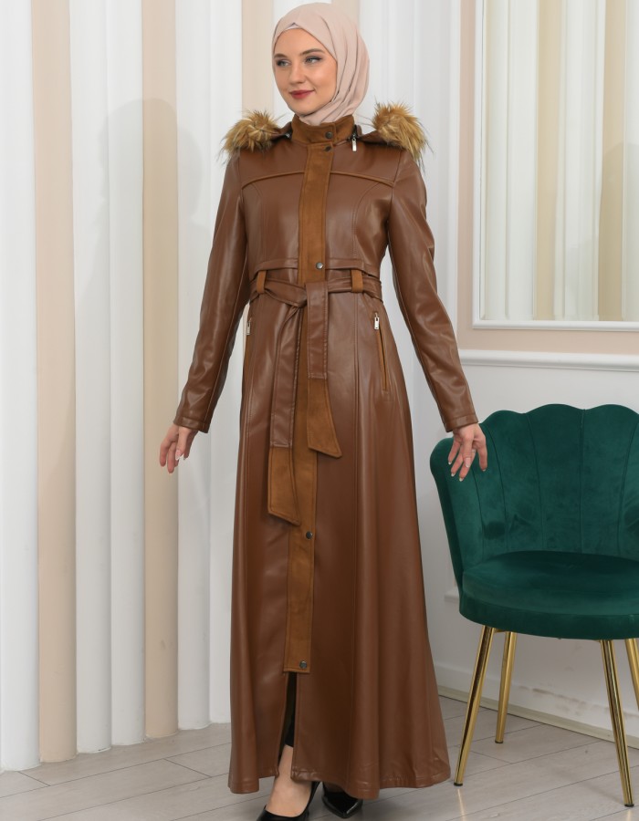 ZIPPERED FRONT HOODED LEATHER HIJAB COAT 1338 - tan