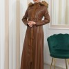 ZIPPERED FRONT HOODED LEATHER HIJAB COAT 1338 - tan