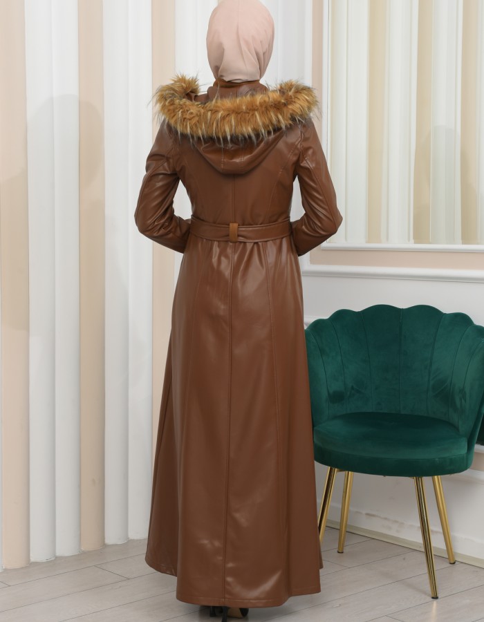 ZIPPERED FRONT HOODED LEATHER HIJAB COAT 1338 - tan