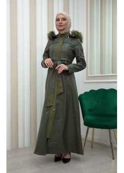 مانطو نسائي جلد شتوي مع كبيشون قابل للإزالة 1338 - زيتي