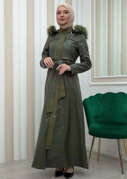 مانطو نسائي جلد شتوي مع كبيشون قابل للإزالة 1338 - زيتي