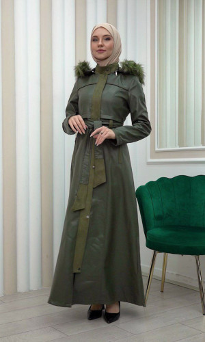 مانطو نسائي جلد شتوي مع كبيشون قابل للإزالة 1338 - زيتي