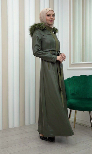 مانطو نسائي جلد شتوي مع كبيشون قابل للإزالة 1338 - زيتي