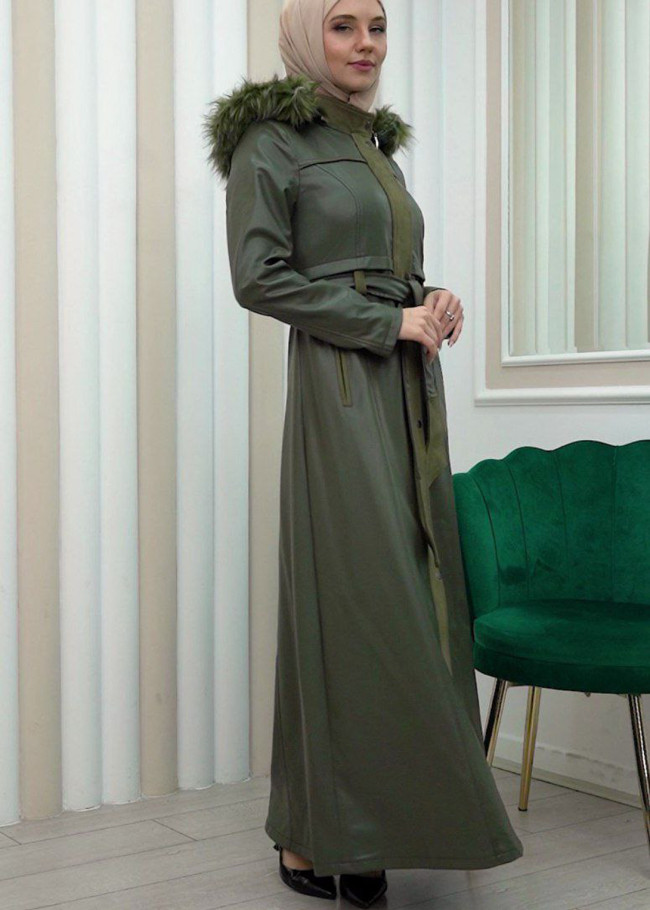 ZIPPERED FRONT HOODED LEATHER HIJAB COAT 1338 Haki