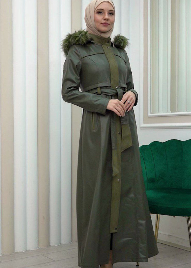 ZIPPERED FRONT HOODED LEATHER HIJAB COAT 1338 Haki