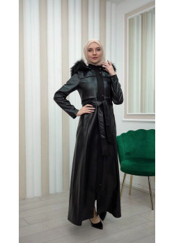 مانطو نسائي جلد شتوي مع كبيشون قابل للإزالة 1338 - اسود