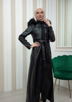 مانطو نسائي جلد شتوي مع كبيشون قابل للإزالة 1338 - اسود