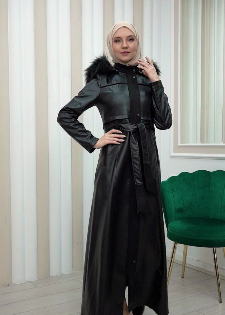 ZIPPERED FRONT HOODED LEATHER HIJAB COAT 1338 Siyah