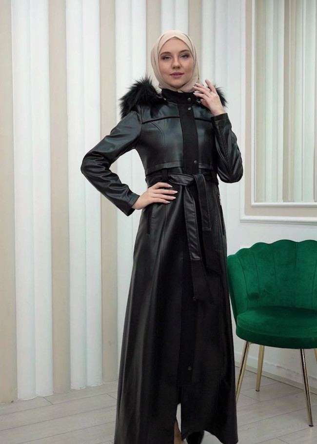 ZIPPERED FRONT HOODED LEATHER HIJAB COAT 1338 Siyah