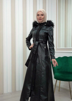 مانطو نسائي جلد شتوي مع كبيشون قابل للإزالة 1338 - اسود