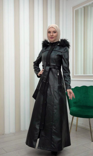 مانطو نسائي جلد شتوي مع كبيشون قابل للإزالة 1338 - اسود