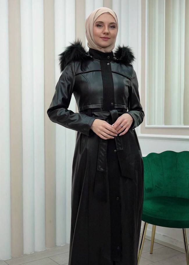 ZIPPERED FRONT HOODED LEATHER HIJAB COAT 1338 Siyah