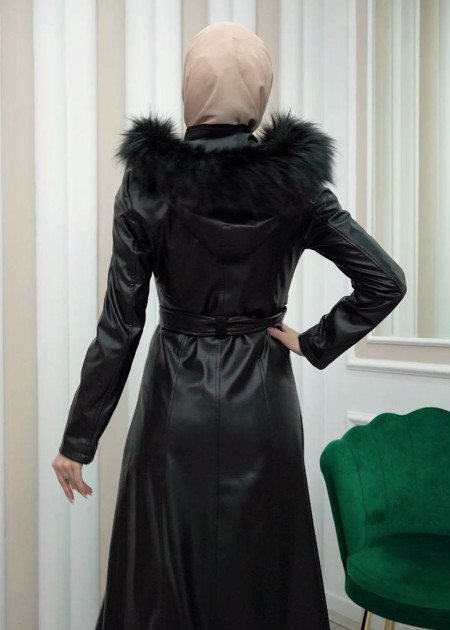 ZIPPERED FRONT HOODED LEATHER HIJAB COAT 1338 Siyah