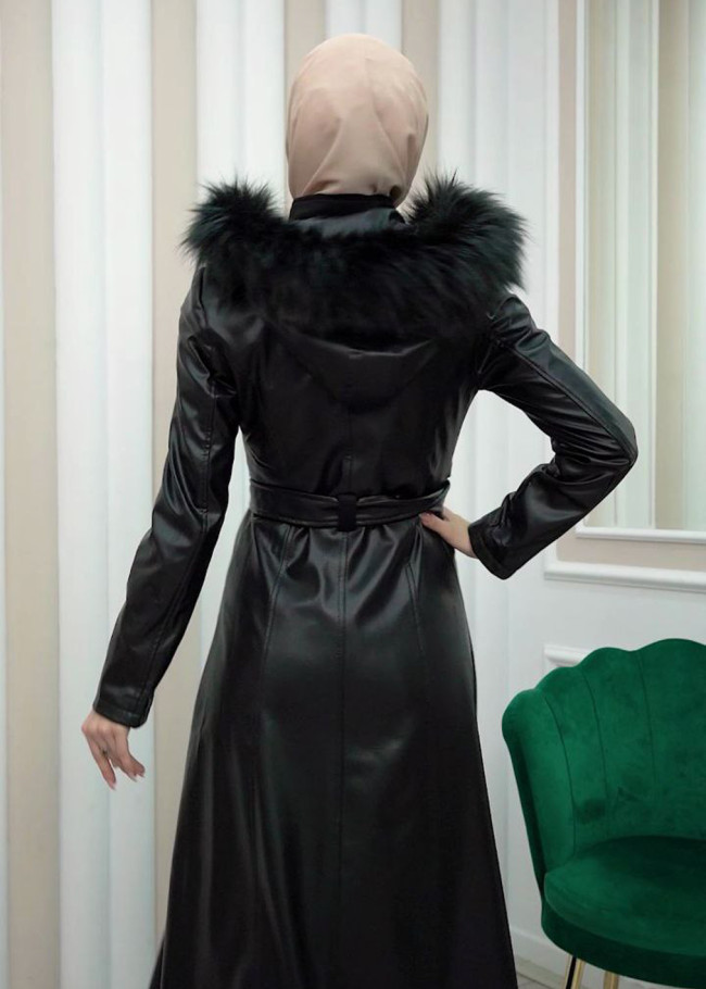 ZIPPERED FRONT HOODED LEATHER HIJAB COAT 1338 Siyah