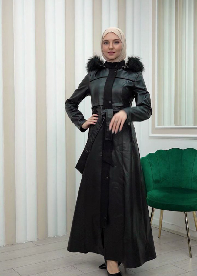 ZIPPERED FRONT HOODED LEATHER HIJAB COAT 1338 Siyah