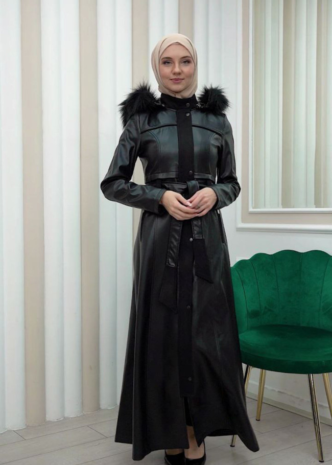 ZIPPERED FRONT HOODED LEATHER HIJAB COAT 1338 Siyah