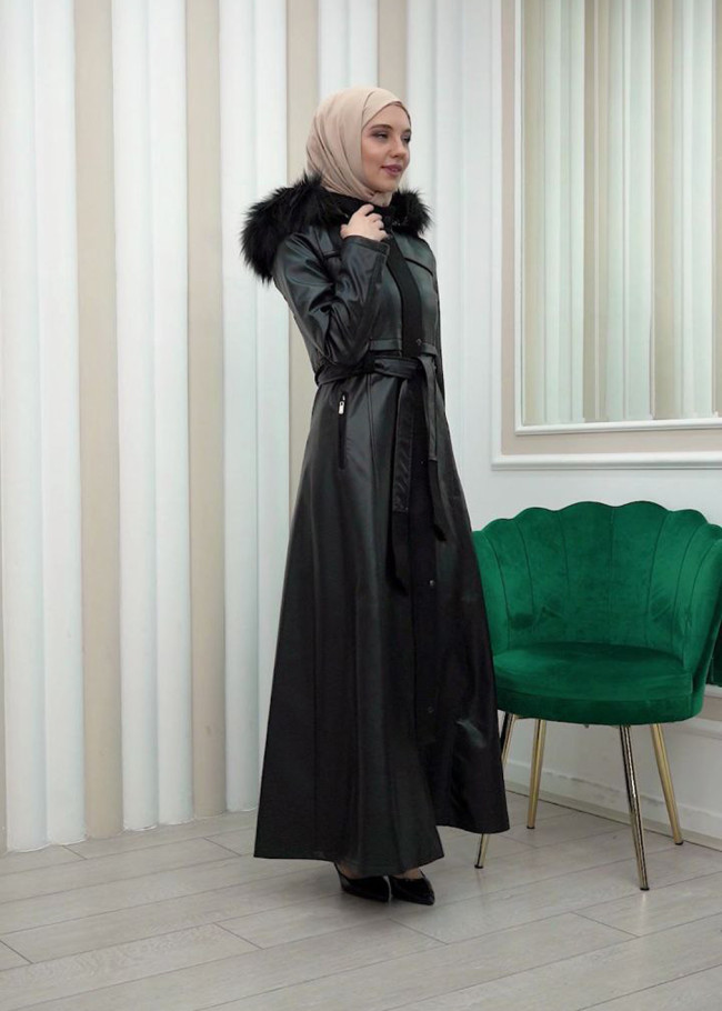ZIPPERED FRONT HOODED LEATHER HIJAB COAT 1338 Siyah