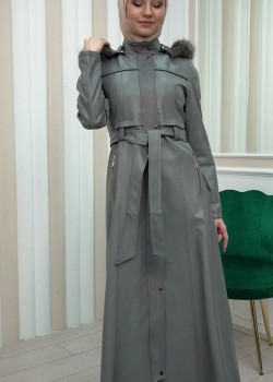 مانطو نسائي جلد شتوي مع كبيشون قابل للإزالة 1338 - فضي