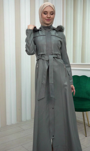 مانطو نسائي جلد شتوي مع كبيشون قابل للإزالة 1338 - فضي