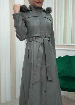 مانطو نسائي جلد شتوي مع كبيشون قابل للإزالة 1338 - فضي