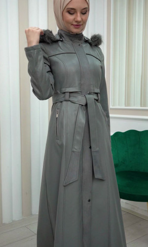 مانطو نسائي جلد شتوي مع كبيشون قابل للإزالة 1338 - فضي