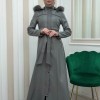 مانطو نسائي جلد شتوي مع كبيشون قابل للإزالة 1338 Gri