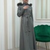 مانطو نسائي جلد شتوي مع كبيشون قابل للإزالة 1338 Gri