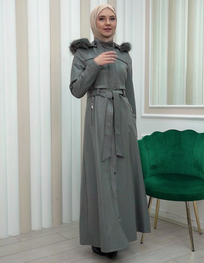 مانطو نسائي جلد شتوي مع كبيشون قابل للإزالة 1338 Gri