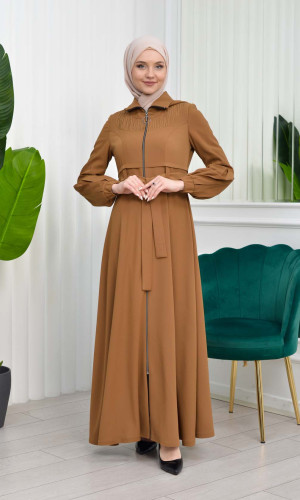 Hooded-Belted Hijab Topcoat 1206 with front zipper - tan
