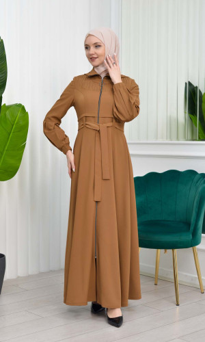 Hooded-Belted Hijab Topcoat 1206 with front zipper - tan