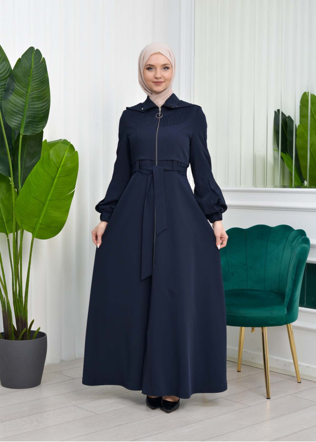 Hooded-Belted Hijab Topcoat 1206 with front zipper Lacivert