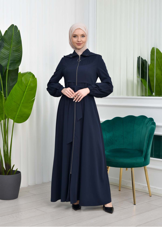 Hooded-Belted Hijab Topcoat 1206 with front zipper Lacivert