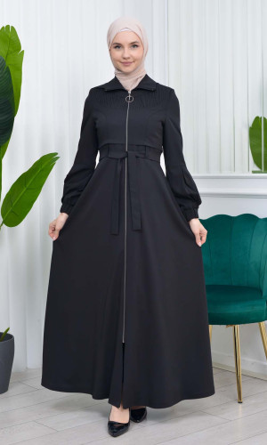 Hooded-Belted Hijab Topcoat 1206 with front zipper - Schwarz