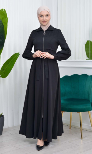 Hooded-Belted Hijab Topcoat 1206 with front zipper - Schwarz