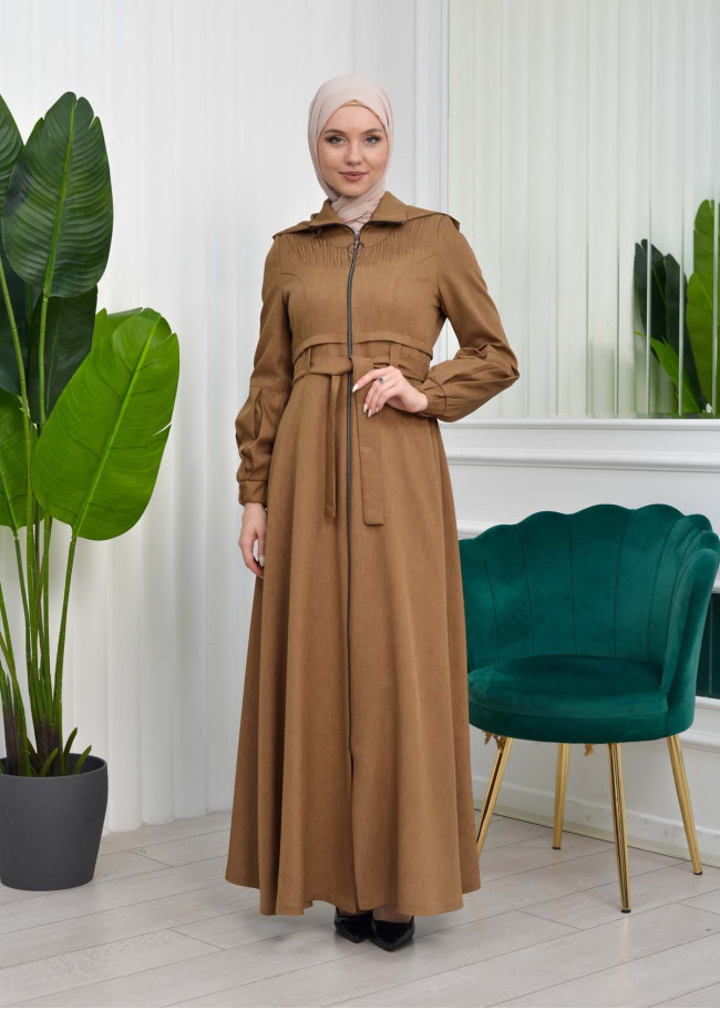 Hooded-Belted Hijab Topcoat  with front zipper 1206 açık kahve