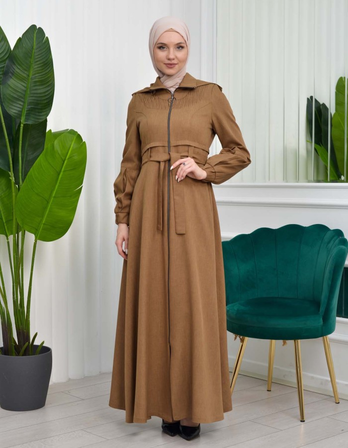 Hooded-Belted Hijab Topcoat  with front zipper 1206 açık kahve