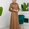 Hooded-Belted Hijab Topcoat  with front zipper 1206 açık kahve