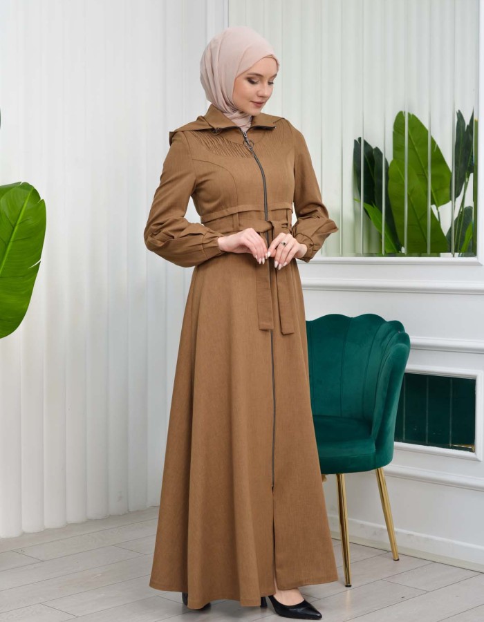 Hooded-Belted Hijab Topcoat  with front zipper 1206 açık kahve