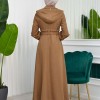 Hooded-Belted Hijab Topcoat  with front zipper 1206 açık kahve