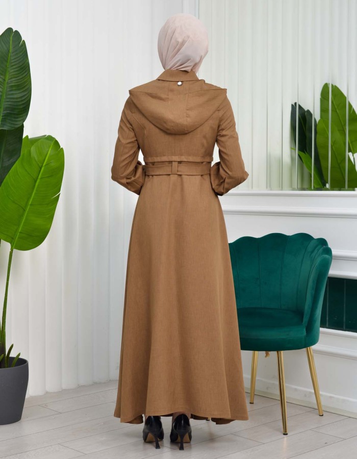 Hooded-Belted Hijab Topcoat  with front zipper 1206 açık kahve