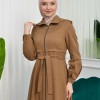 Hooded-Belted Hijab Topcoat  with front zipper 1206 açık kahve