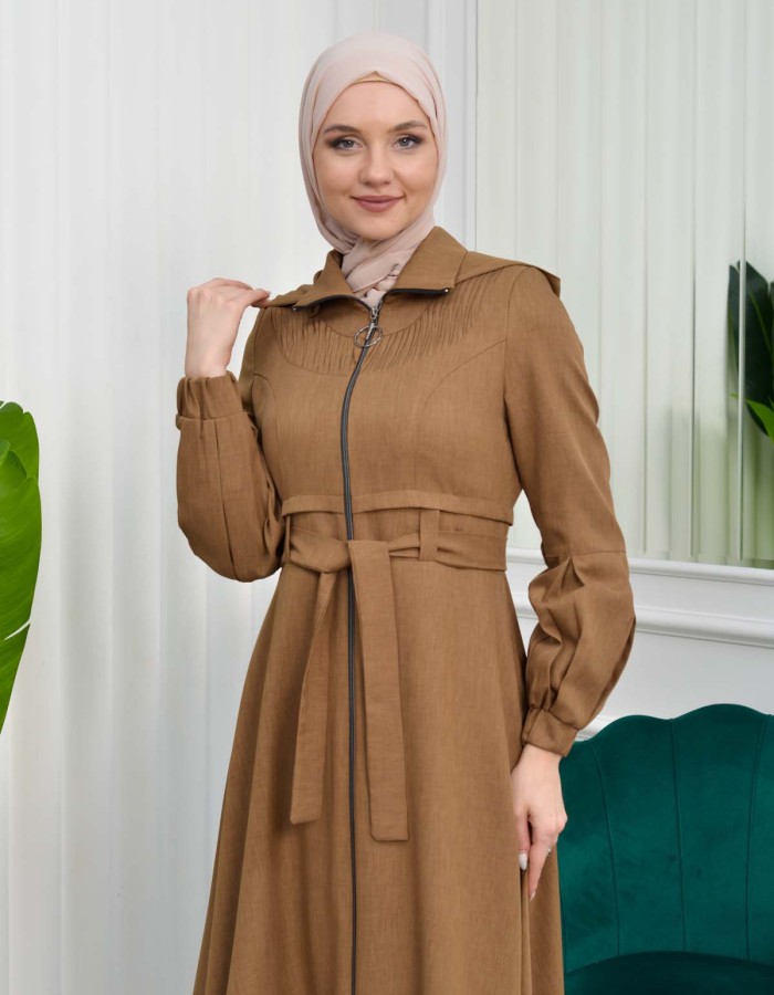 Hooded-Belted Hijab Topcoat  with front zipper 1206 açık kahve