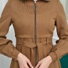 Hooded-Belted Hijab Topcoat  with front zipper 1206 açık kahve