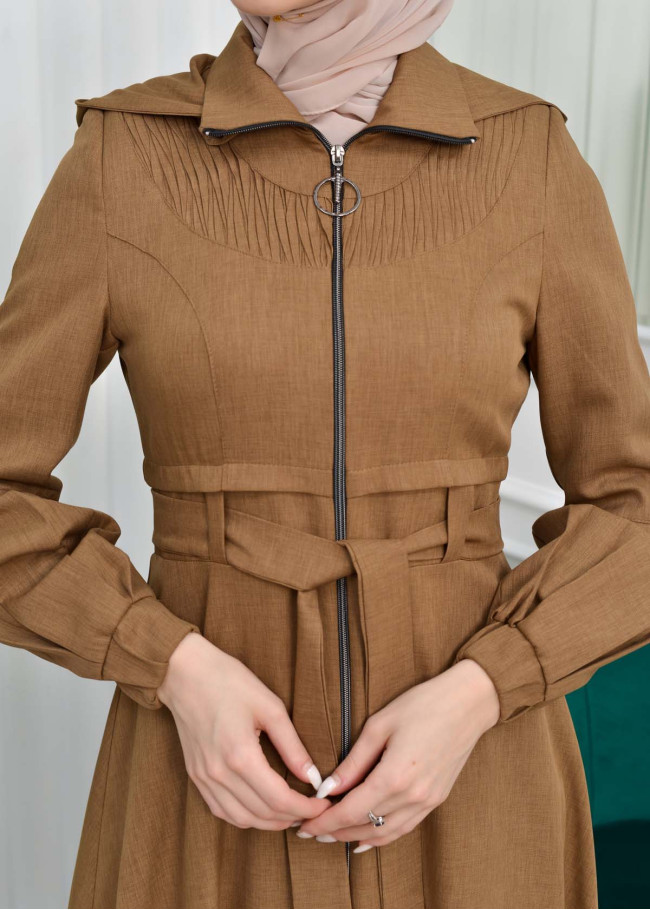 Hooded-Belted Hijab Topcoat  with front zipper 1206 açık kahve