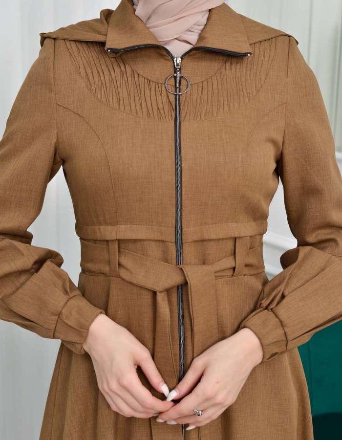 Hooded-Belted Hijab Topcoat  with front zipper 1206 açık kahve
