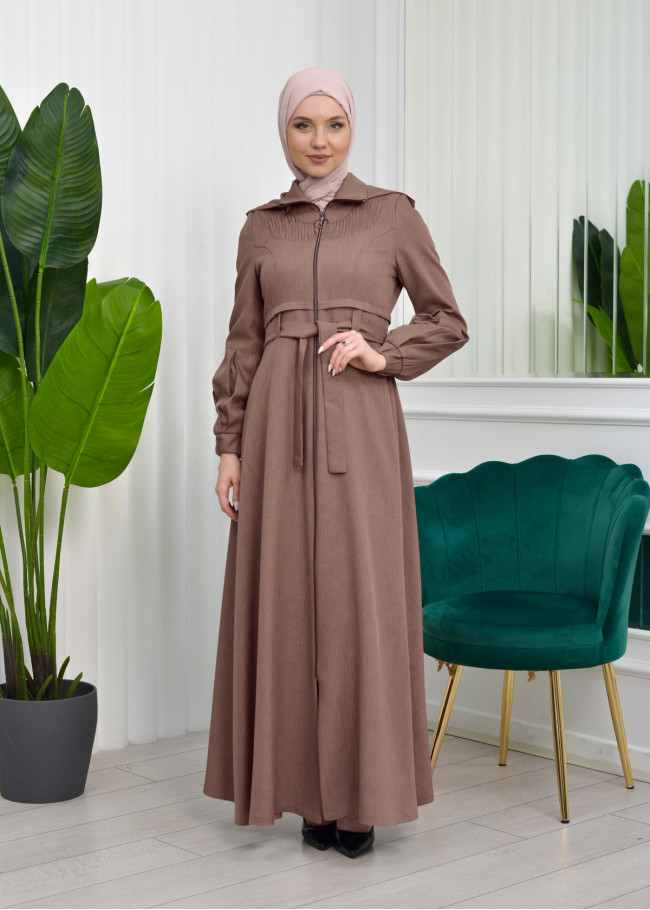 Hooded-Belted Hijab Topcoat  with front zipper 1206 Kahve