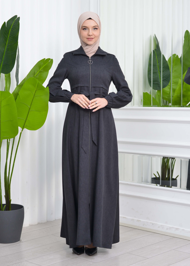 Hooded-Belted Hijab Topcoat  with front zipper 1206 koyu gri
