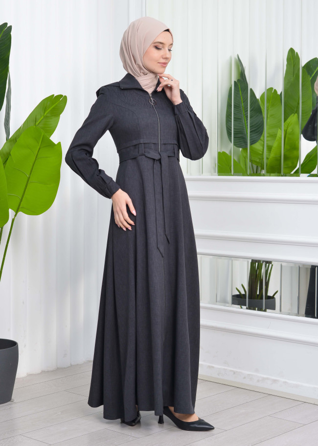 Hooded-Belted Hijab Topcoat  with front zipper 1206 koyu gri