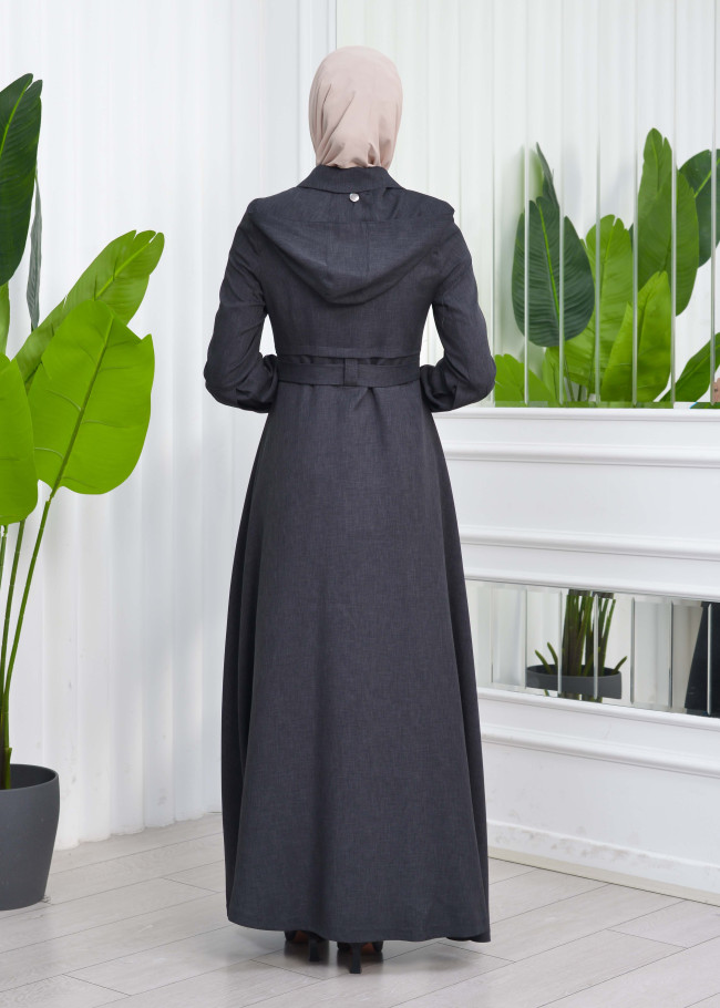 Hooded-Belted Hijab Topcoat  with front zipper 1206 koyu gri
