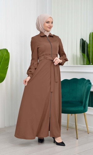 مانطو حجاب برادا مع حزام 1206 - بني